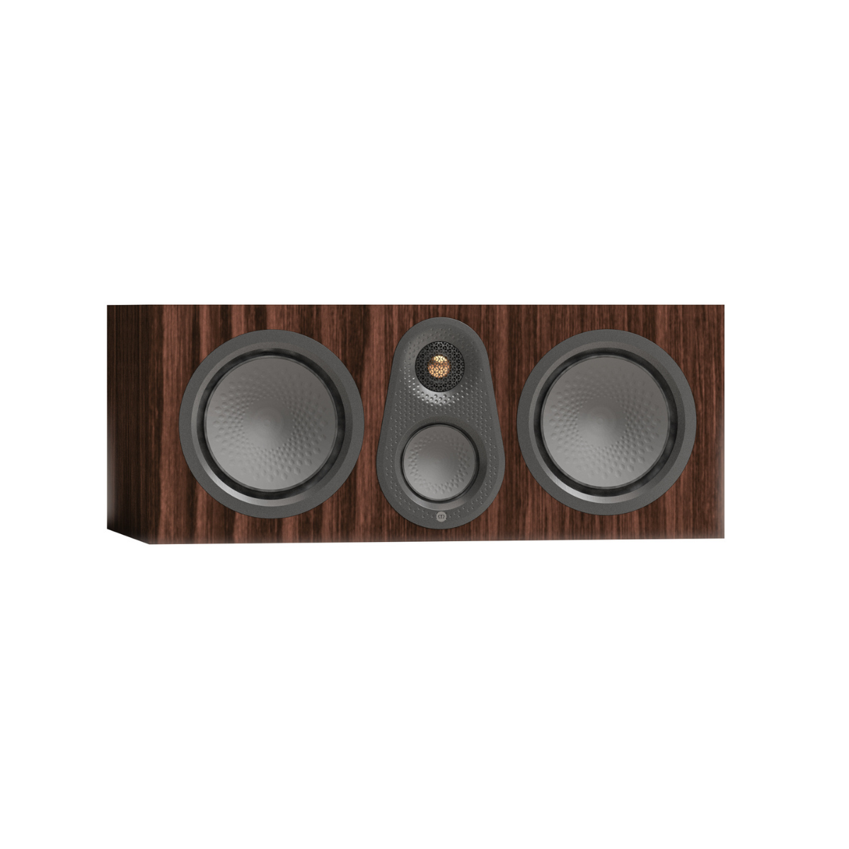 A three-way in-wall speaker with a dark brown wood grain finish, featuring two large front woofers and a central waveguide with a small dome tweeter and a larger grille port.
