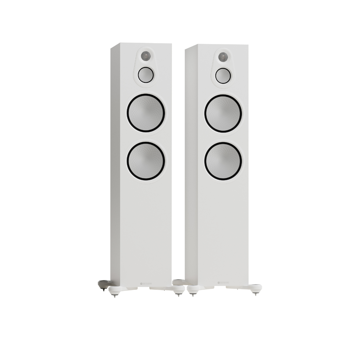 A pair of white Monitor Audio Silver Silver 500 8G 3-way Floor Standing Speaker with black-rimmed circular driver grilles, shown against a solid white background.