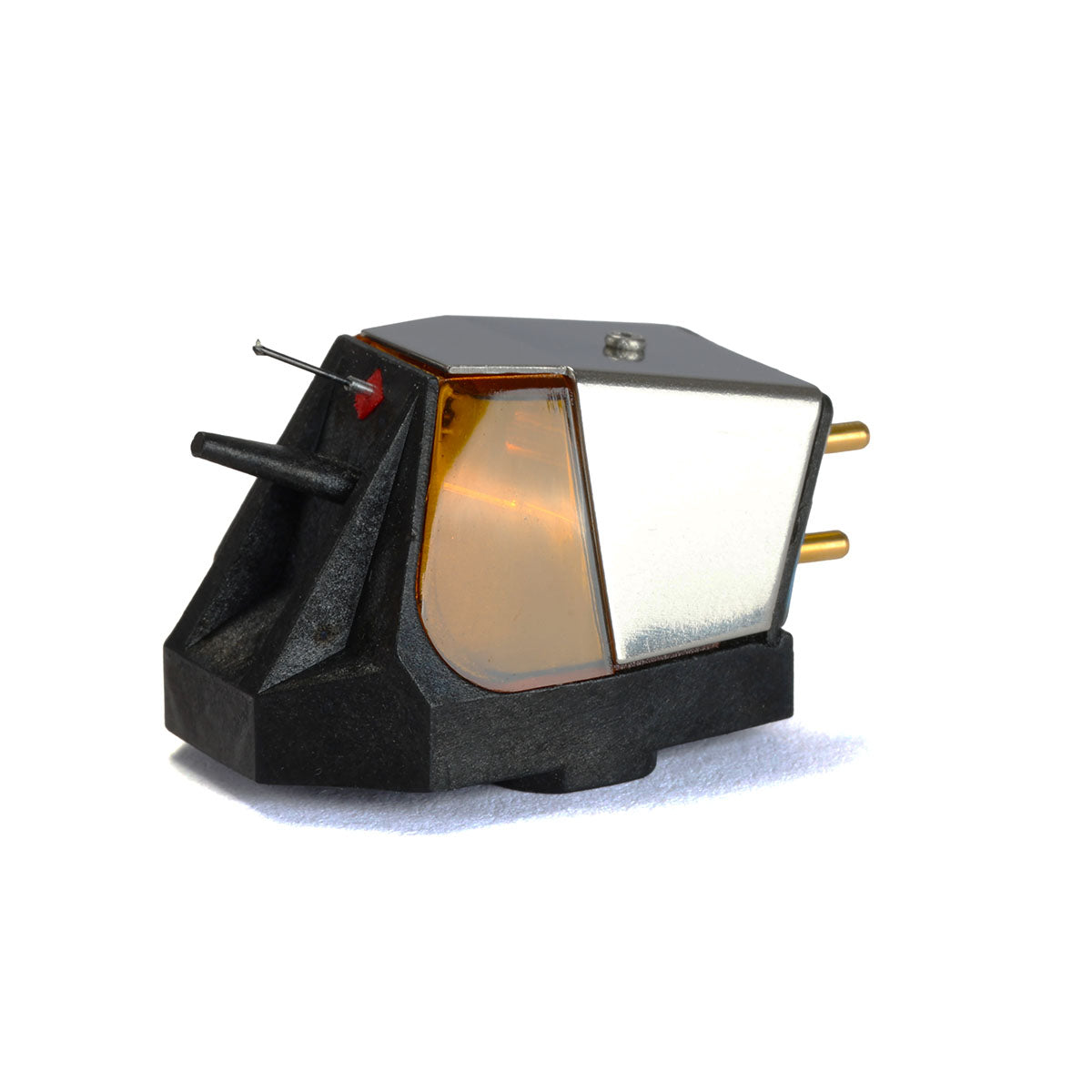 Rega ND9 Moving Magnet Phono Cartridge - side view of cartridge upside down on white background with needle pointing left