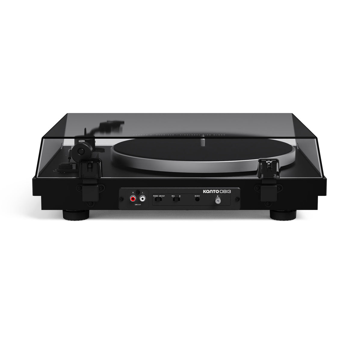 Black turntable with Kanto branding on a white background