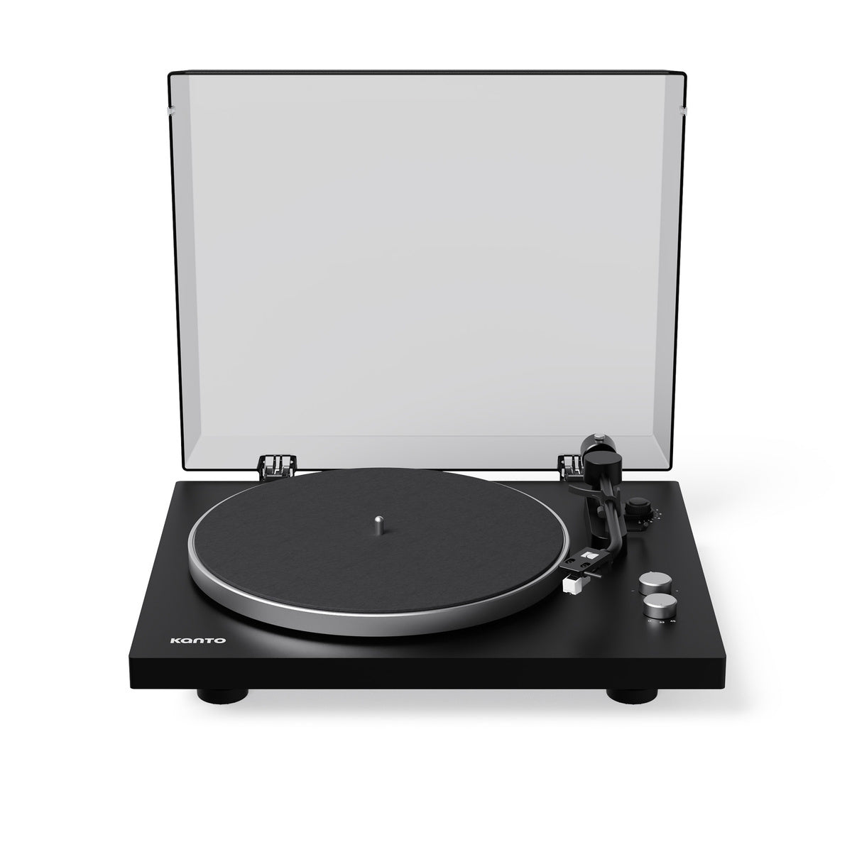 Black turntable with clear dust cover on a white background