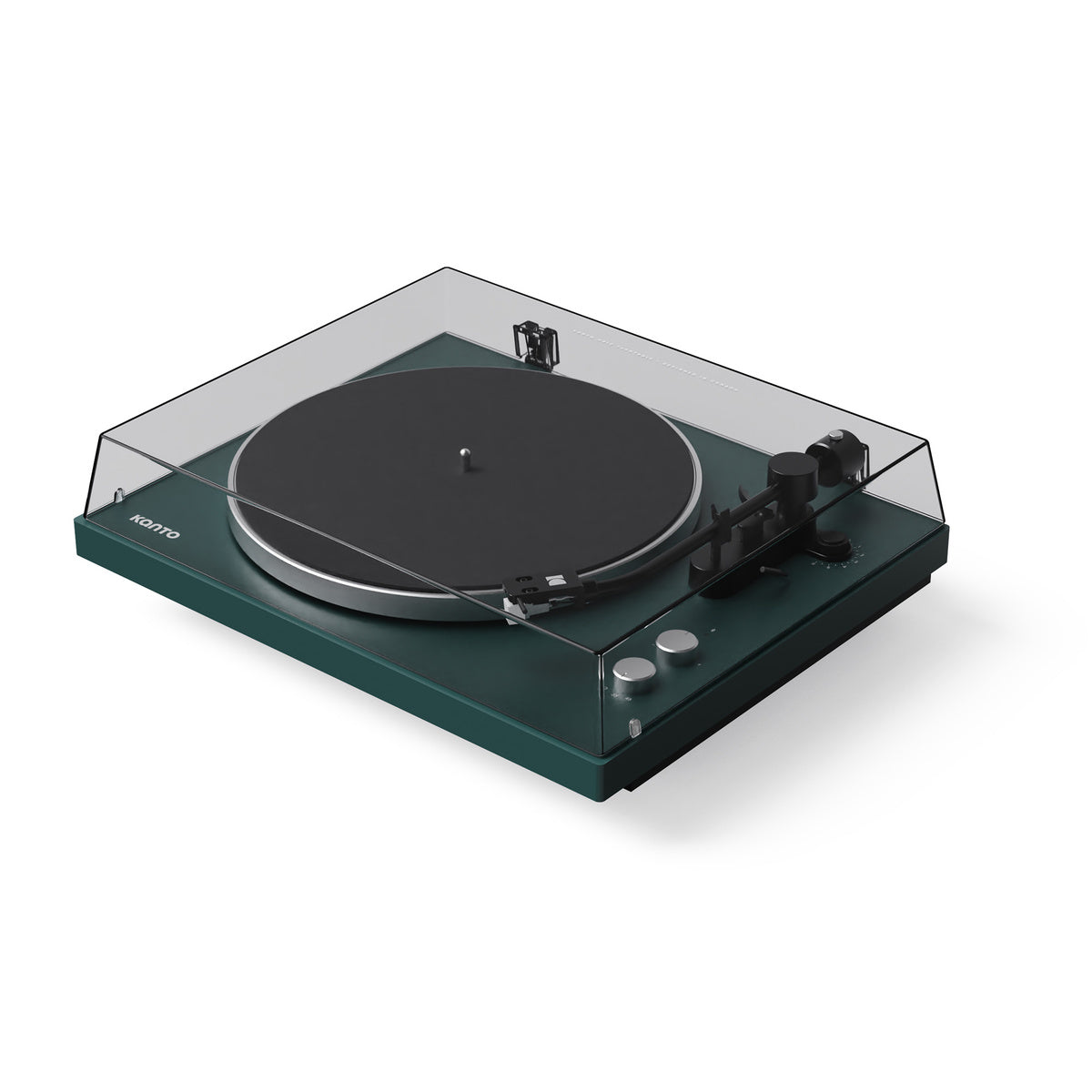 Green turntable with clear dust cover on a white background