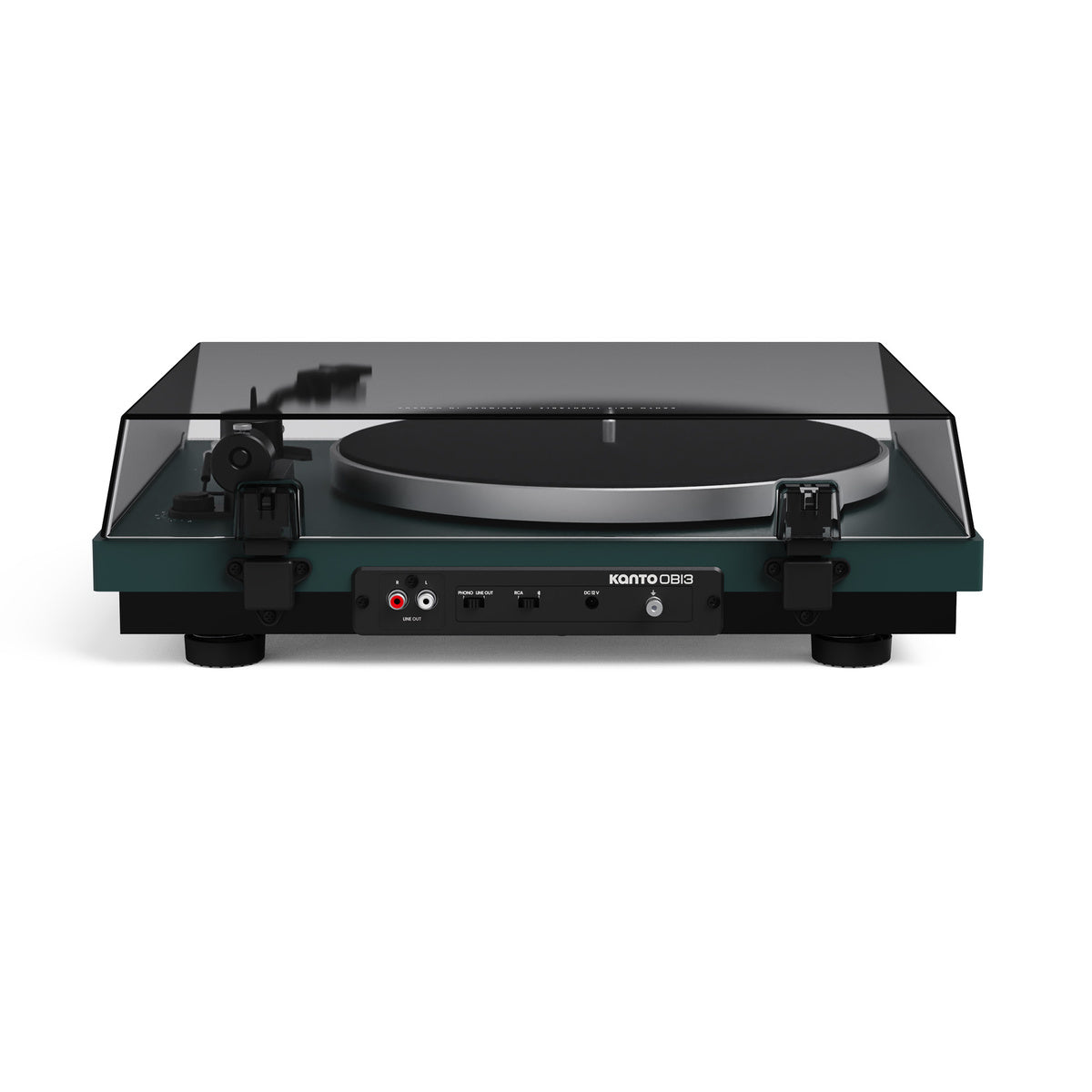 Black turntable with Kanto branding on a white background