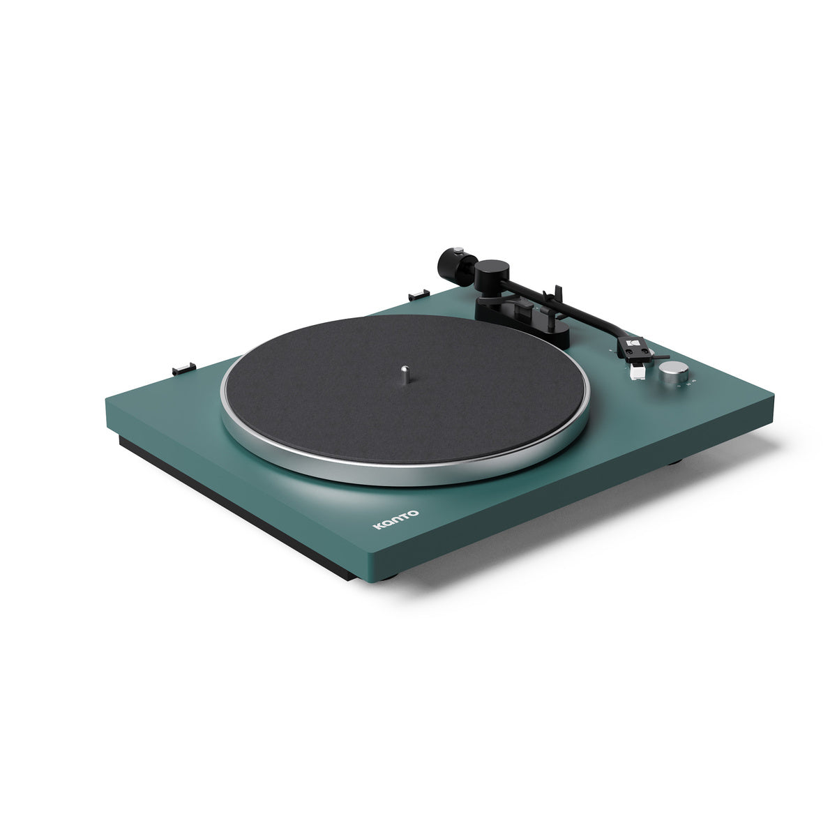 Green turntable with black platter on a white background