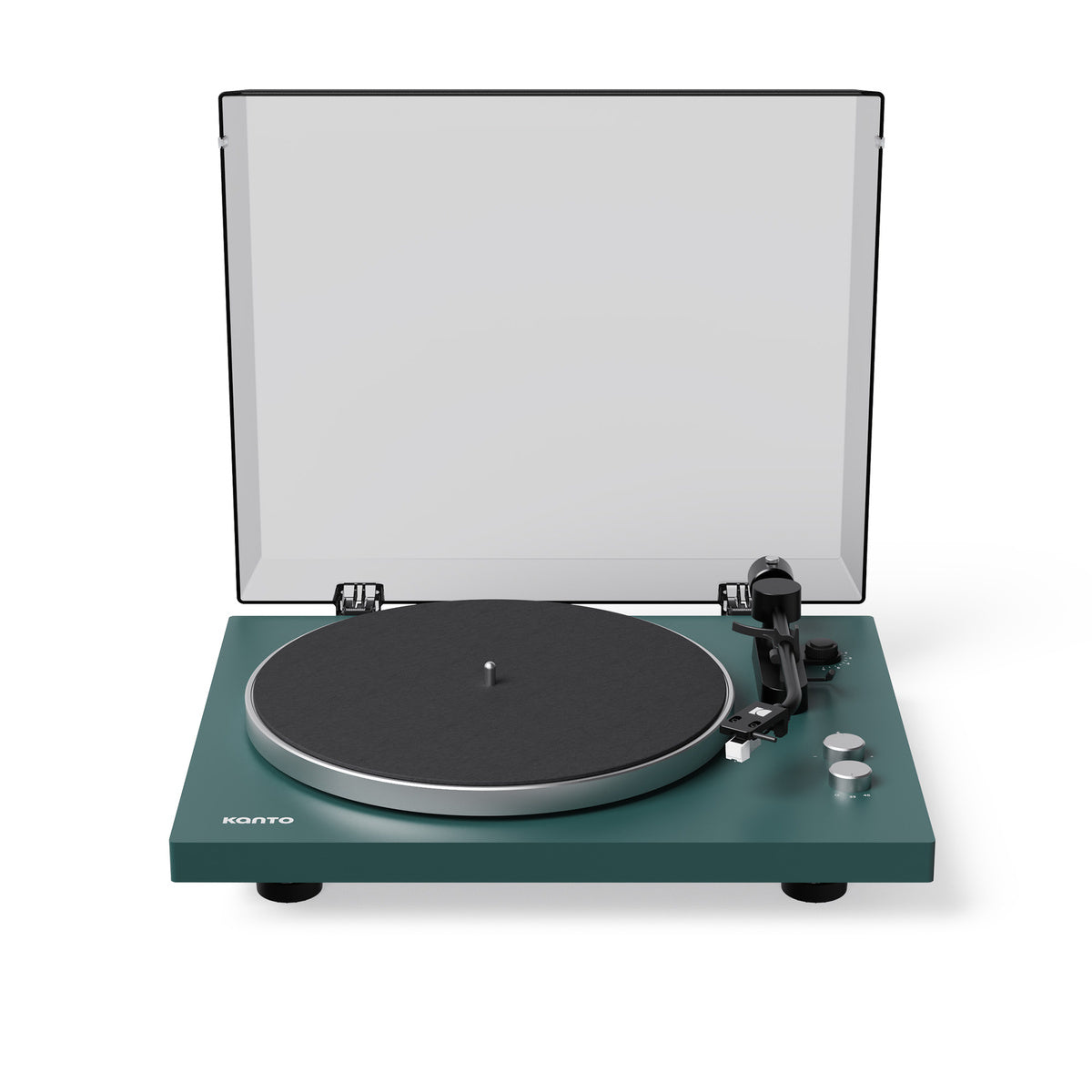 Green turntable with a clear dust cover on a white background