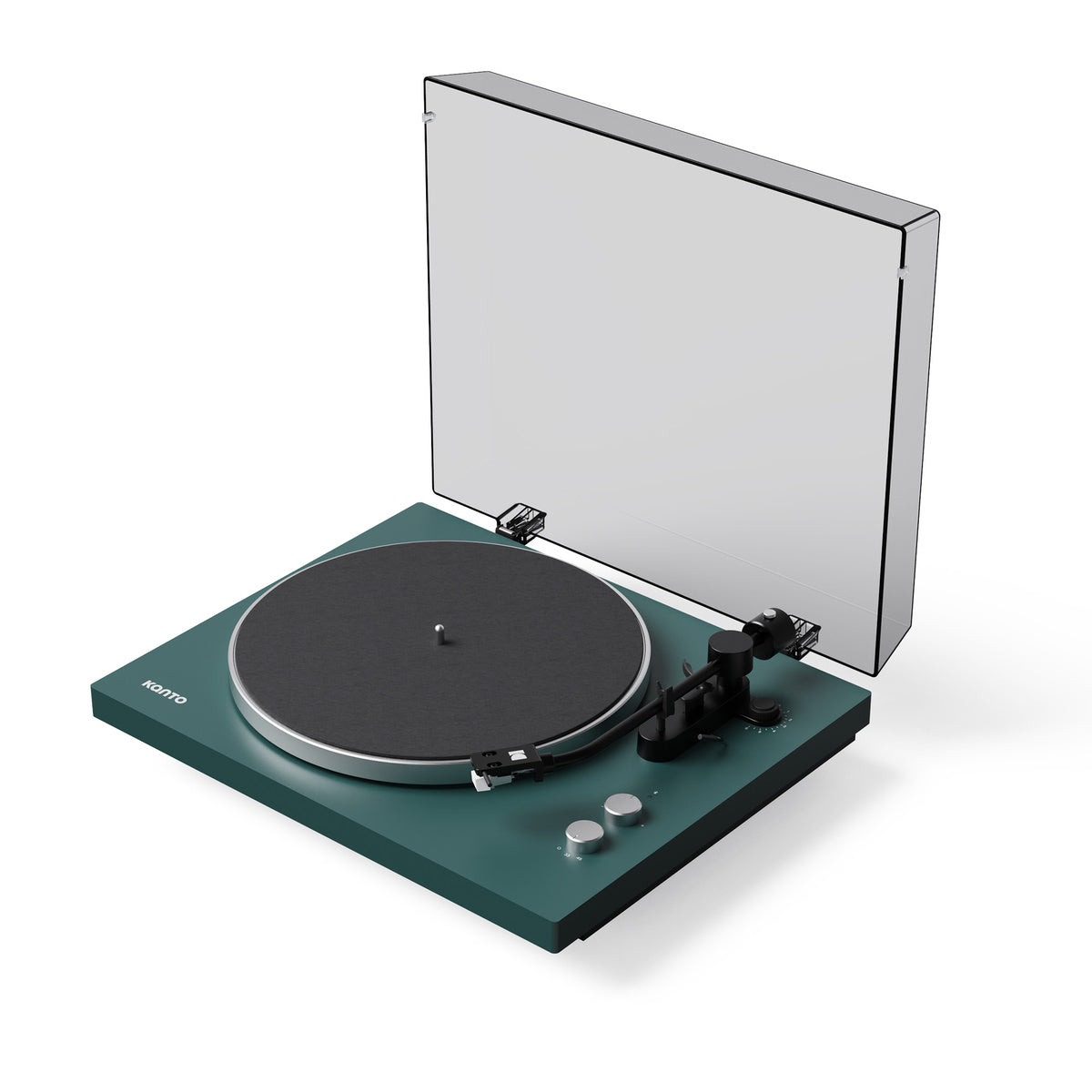 Green turntable with a clear dust cover on a white background