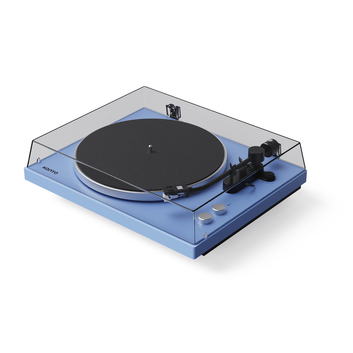Blue turntable with clear dust cover on a white background