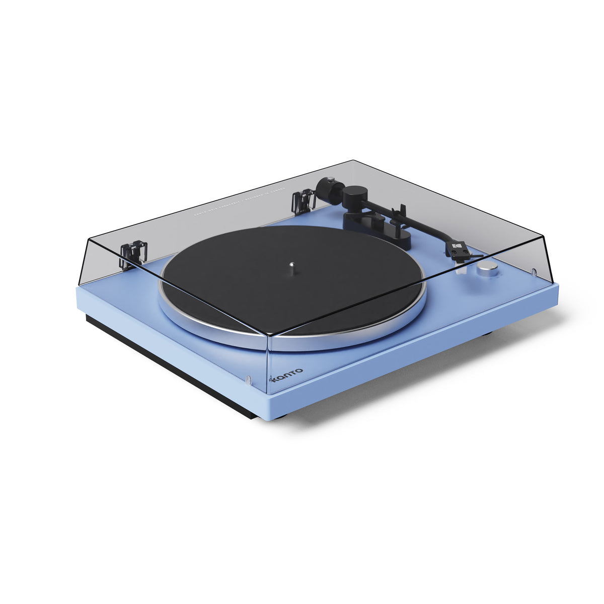 Blue turntable with clear dust cover on a white background