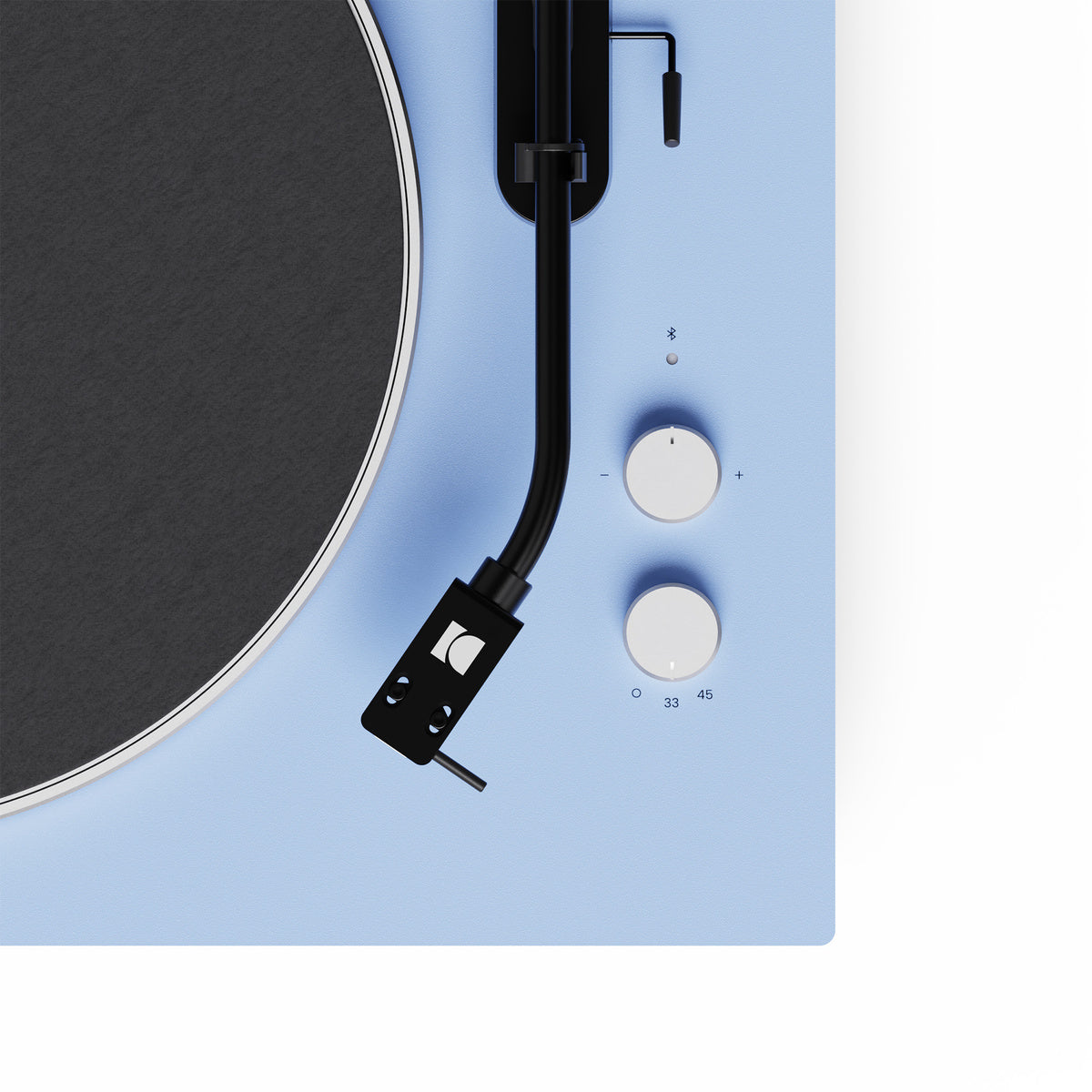 Close-up of a turntable with a blue base and black platter.