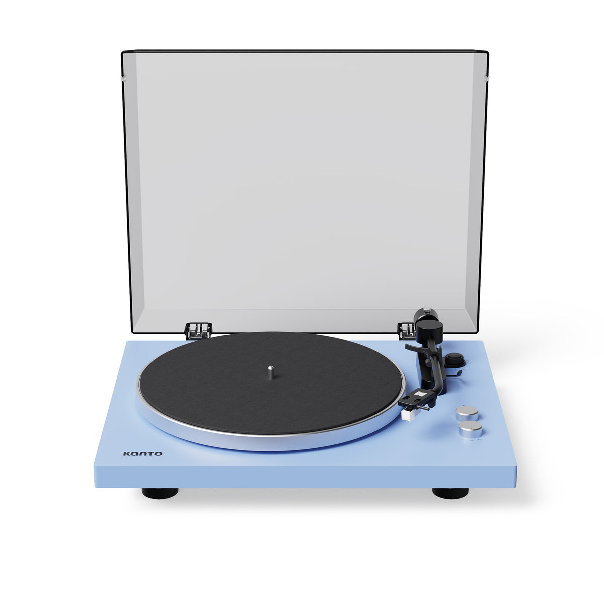 Blue turntable with a clear dust cover on a white background