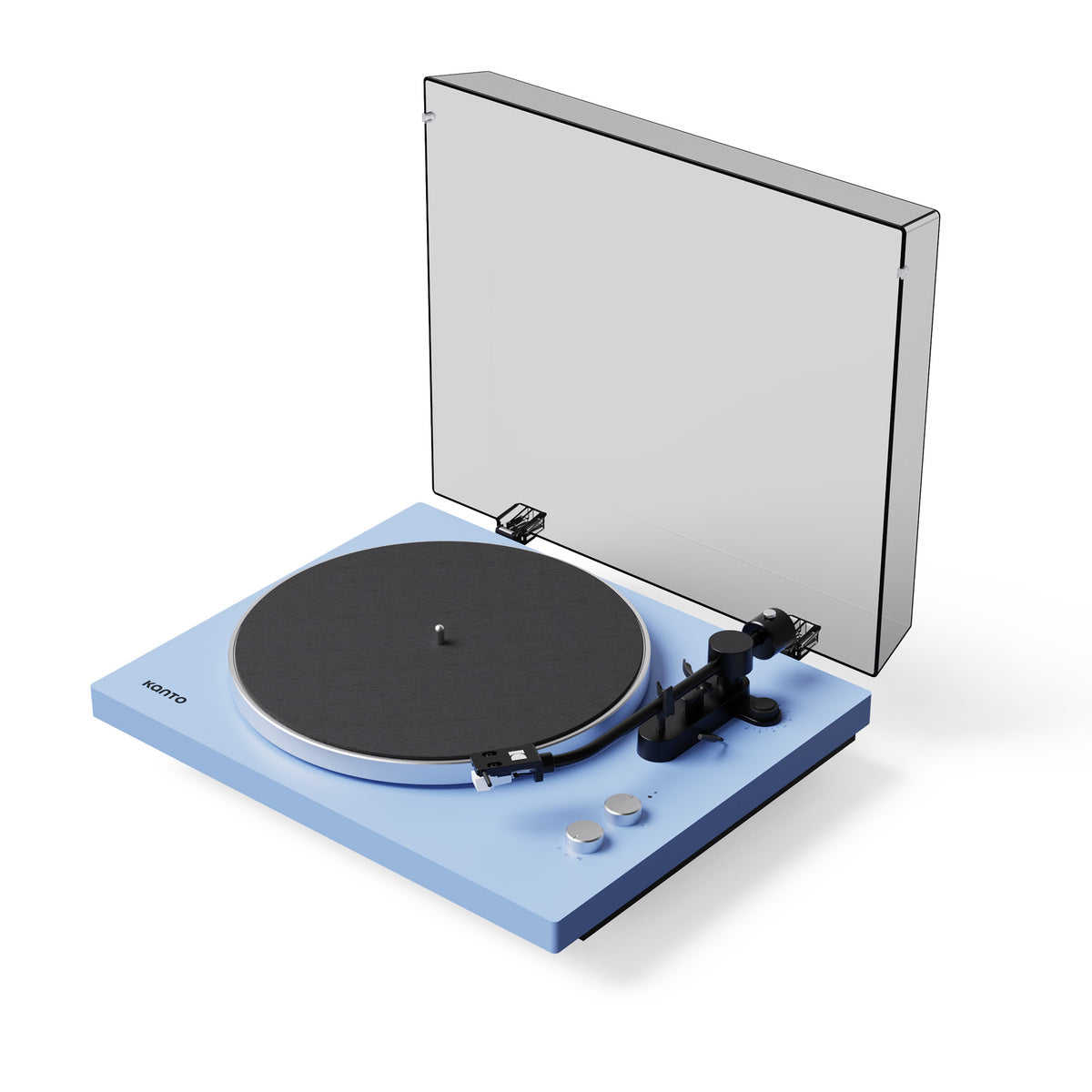 Blue turntable with a clear dust cover on a white background