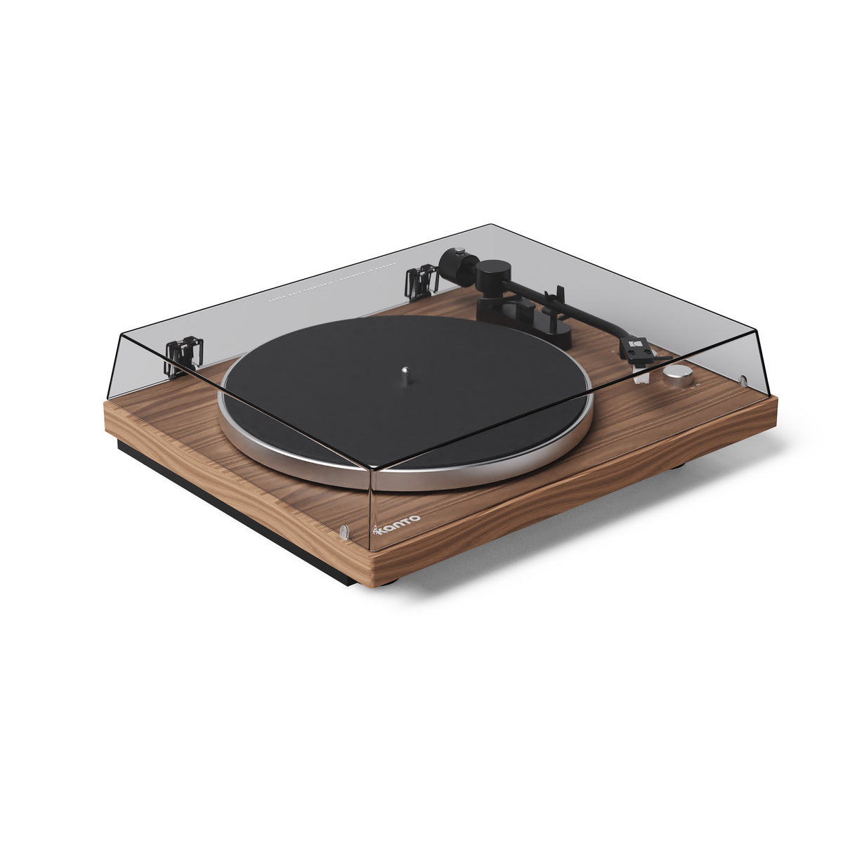 Wooden turntable with clear dust cover on a white background