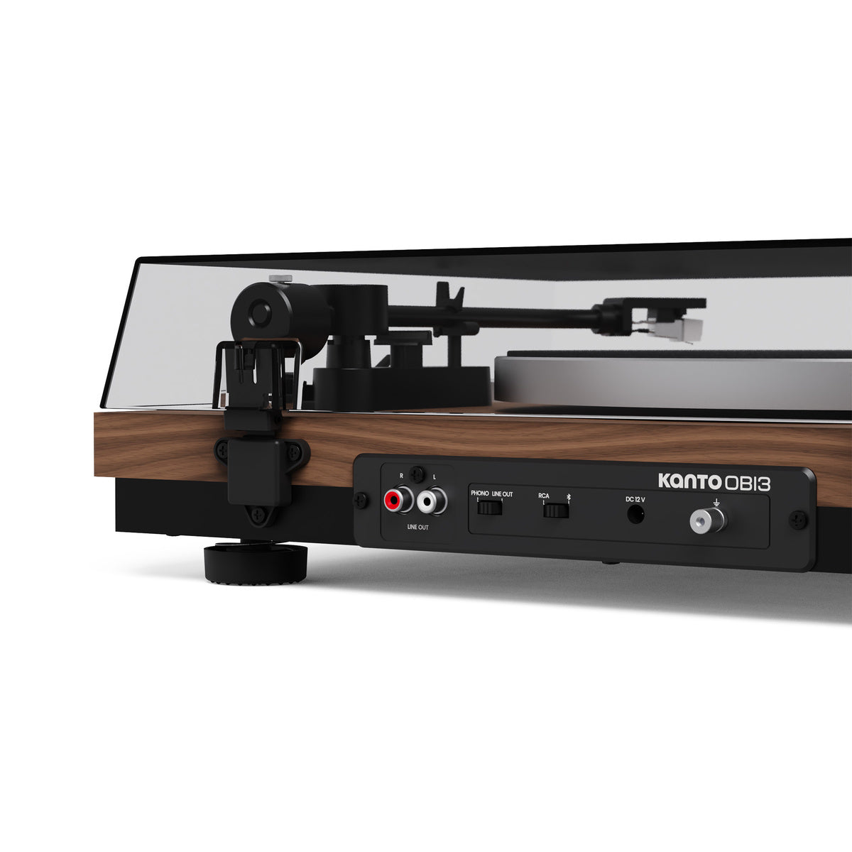 Close-up of a Kanto OB13 turntable on a white background
