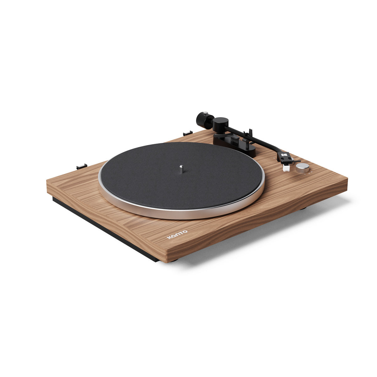 Wooden turntable with black platter on a white background
