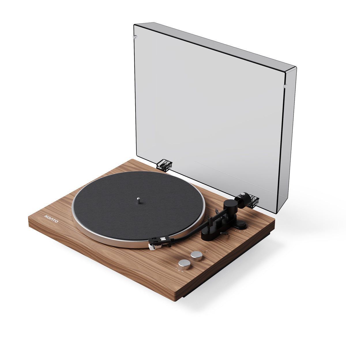 Turntable with wooden plinth and clear dust cover on a white background