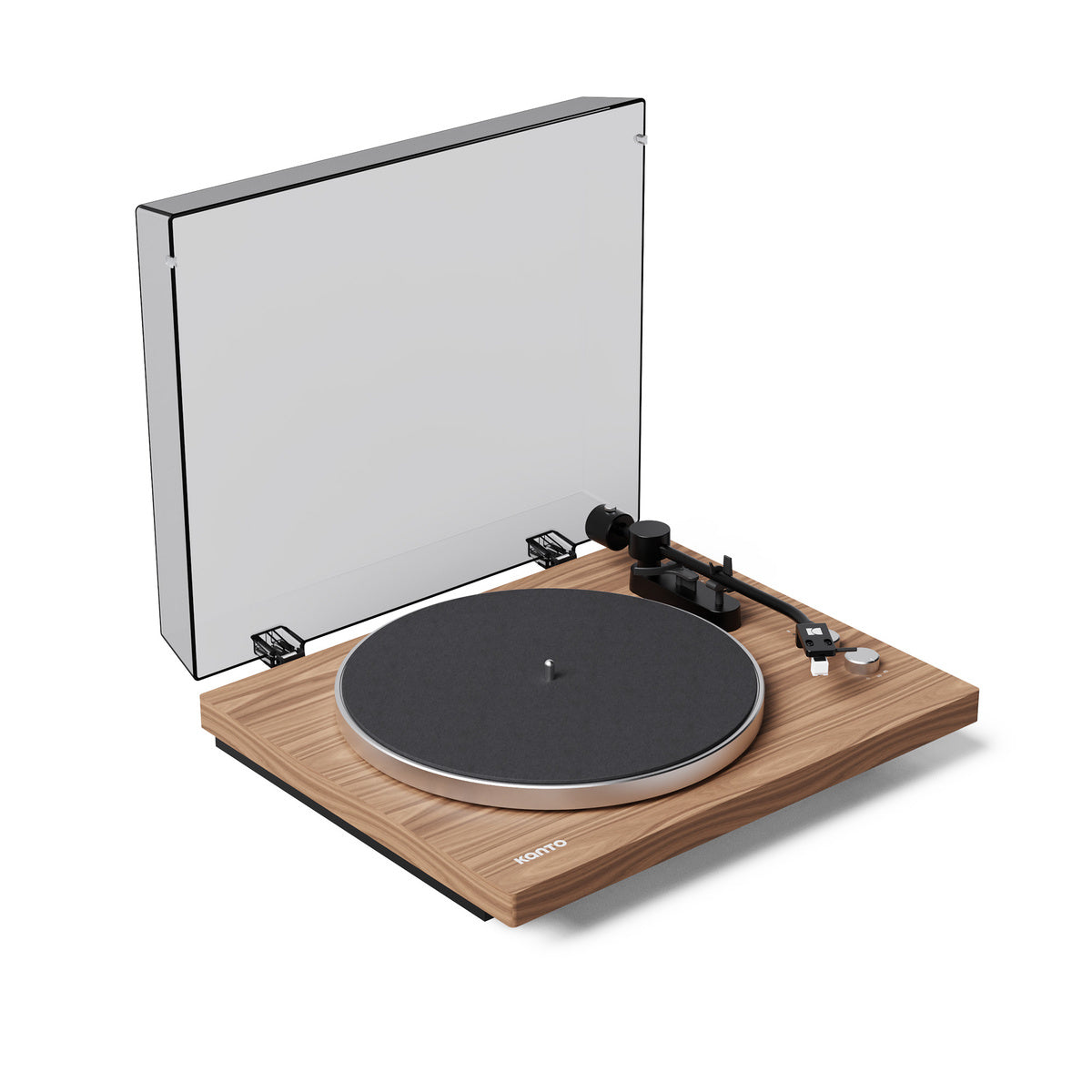 Turntable with wooden plinth and glass dust cover on a white background