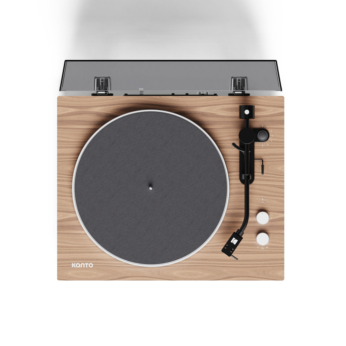 Wooden turntable with a gray platter on a white background
