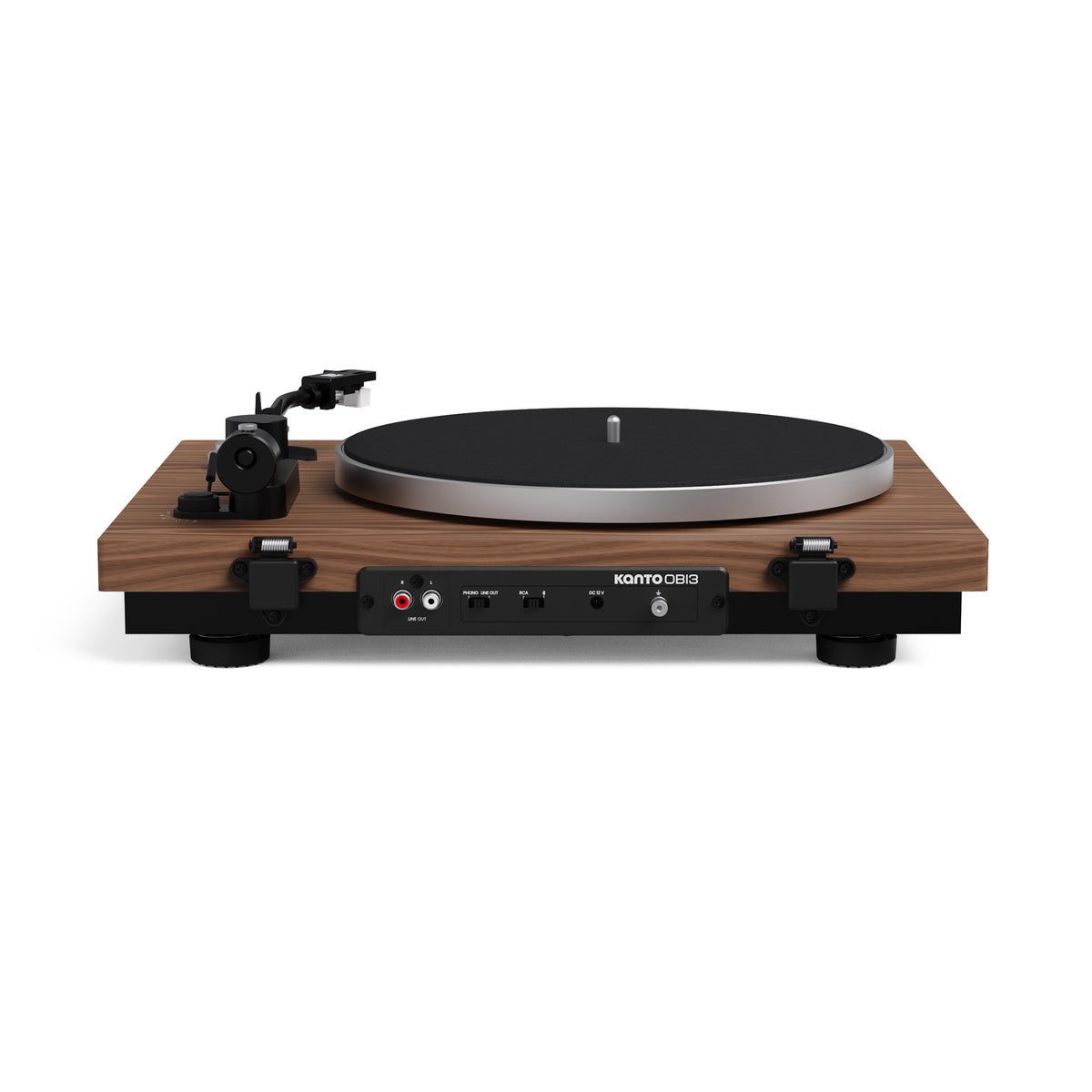 Turntable with wooden plinth on a white background