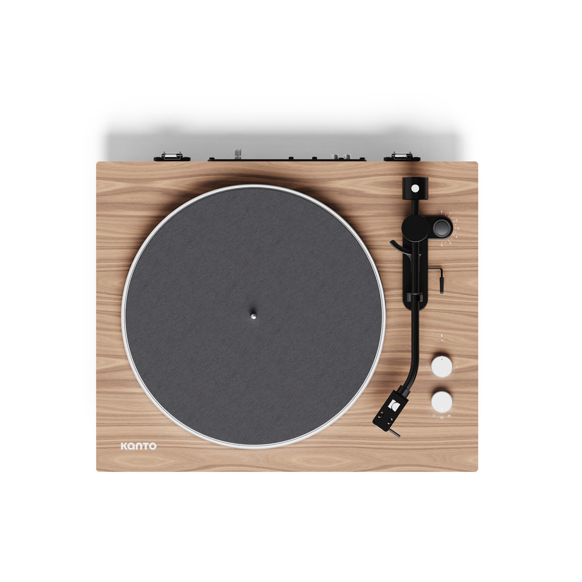 Wooden turntable with a gray platter on a white background