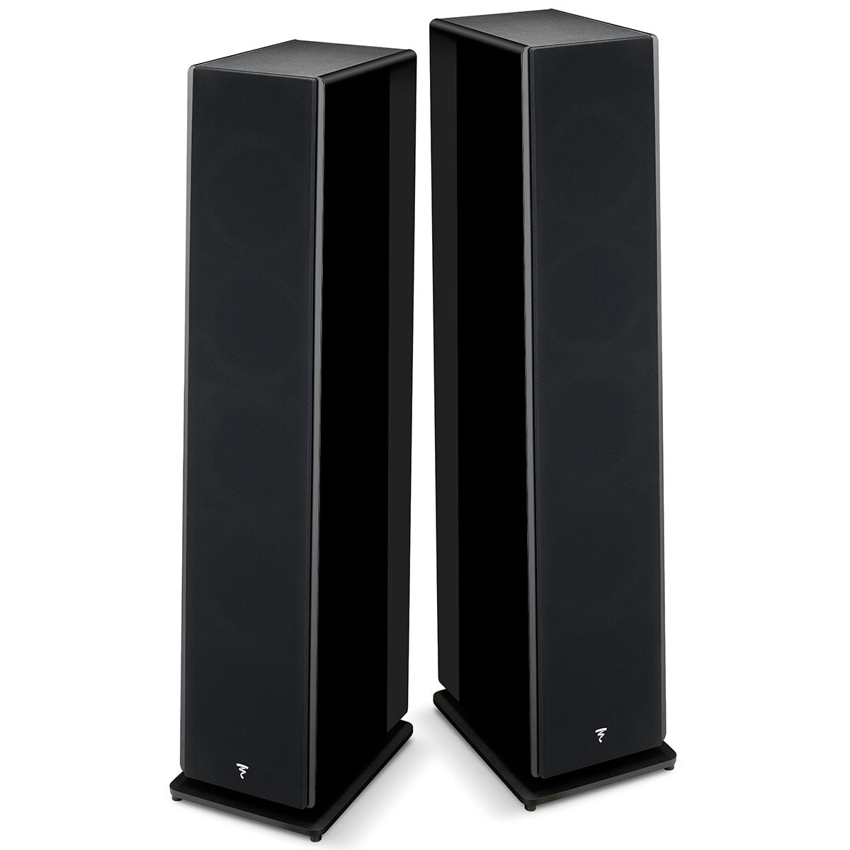 Focal Omada N°3 Floor Standing Speaker - Black High Gloss - pair of speakers with grilles front view side by side angled outward
