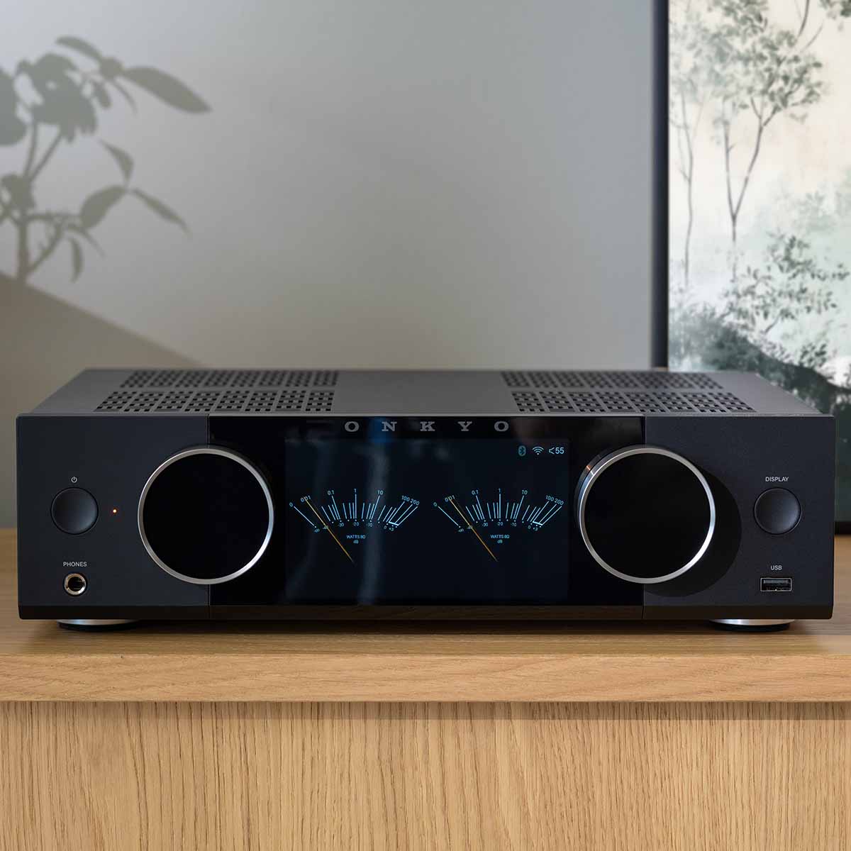 Onkyo Muse Y-40 Network Integrated Amplifier - Black - lifestyle photo of unit on cabinet