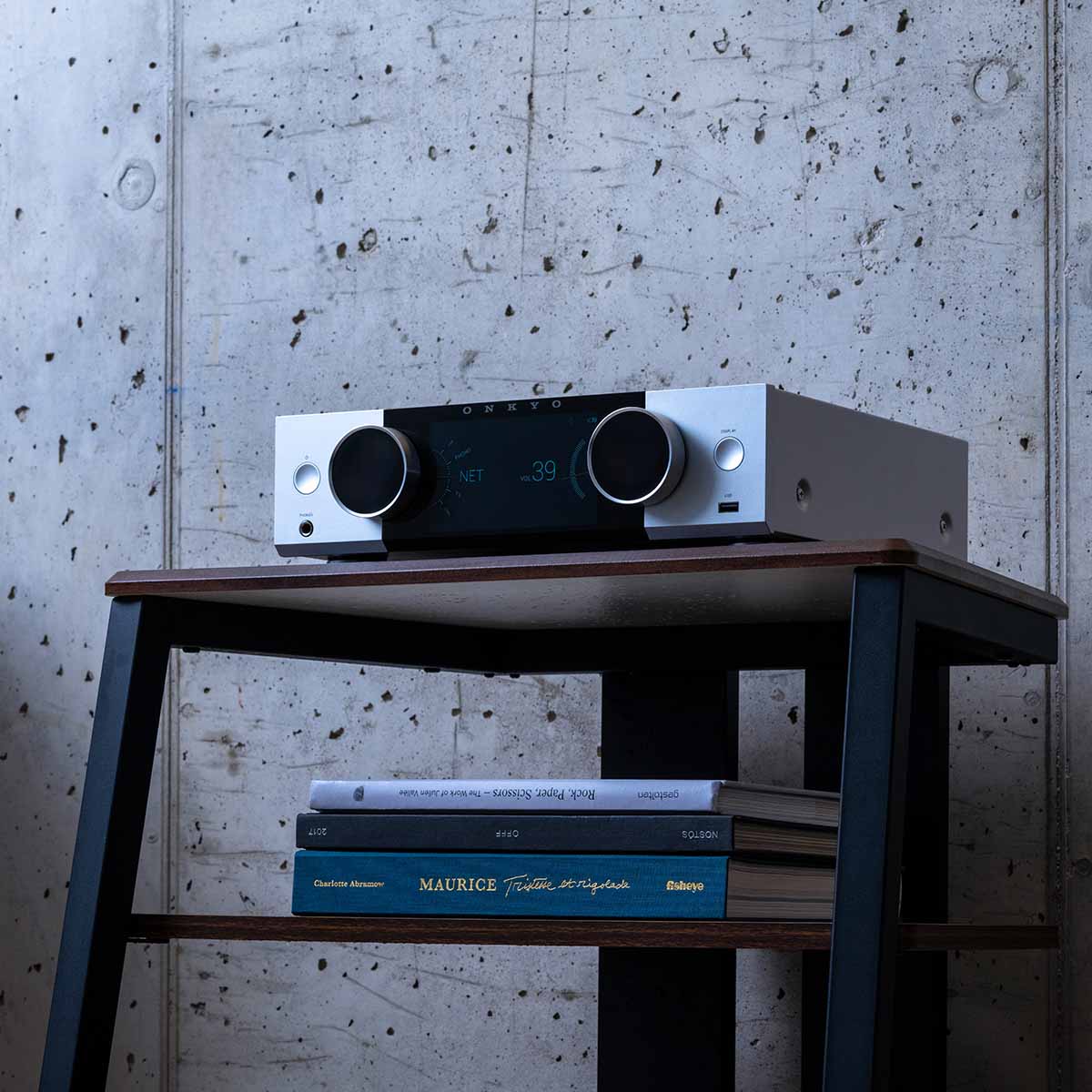Onkyo Muse Y-40 Network Integrated Amplifier - Silver - lifestyle photo of unit on cabinet facing left