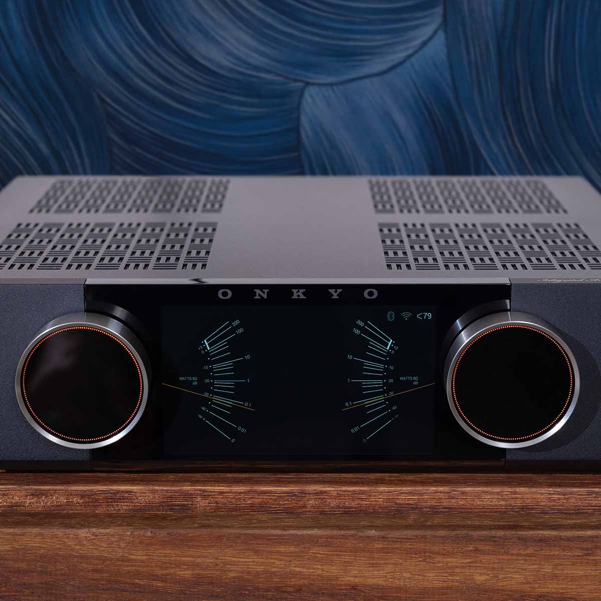 Onkyo Muse Y-50 Network Integrated Amplifier - Black - lifestyle view of unit on cabinet close up