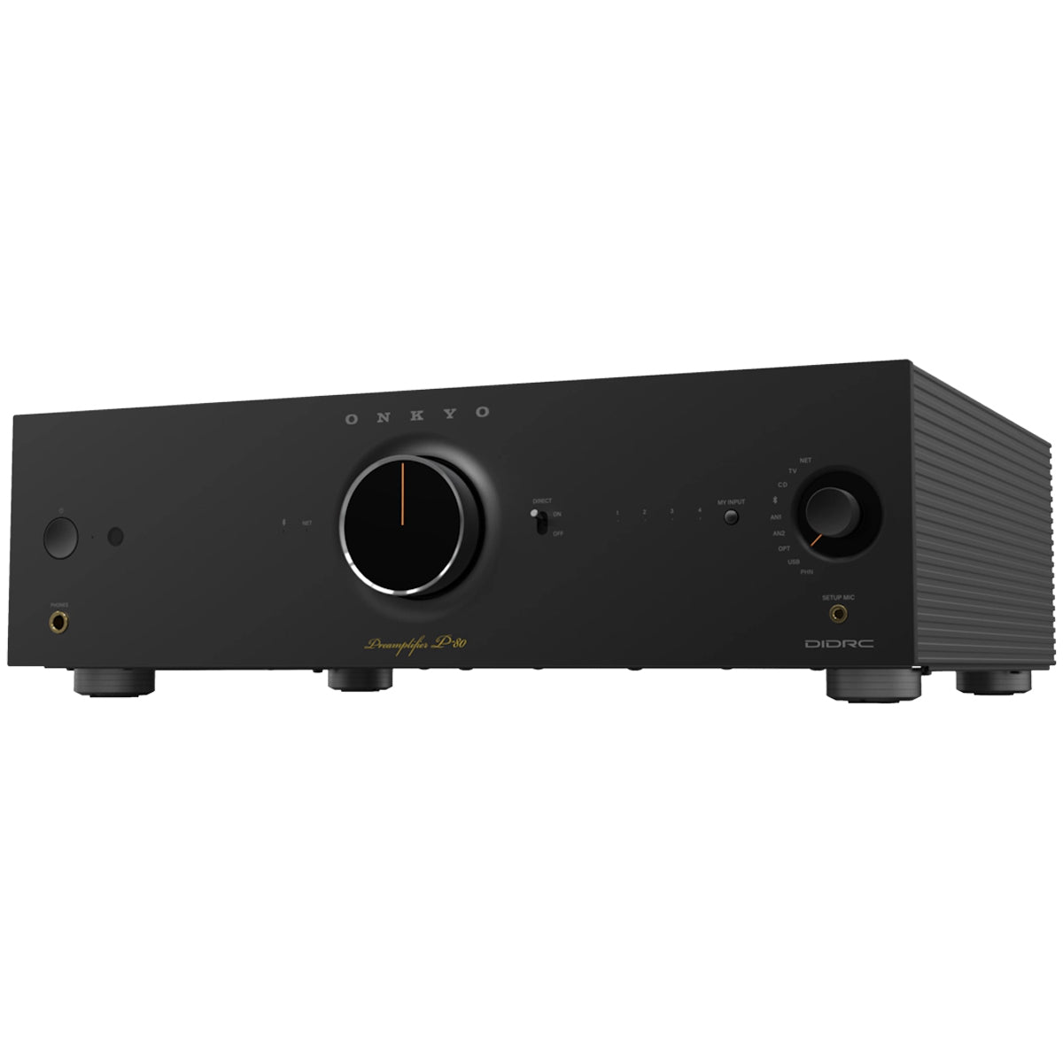 Onkyo Icon P-80 2-Channel HiFi Network Preamplifier black angled front view