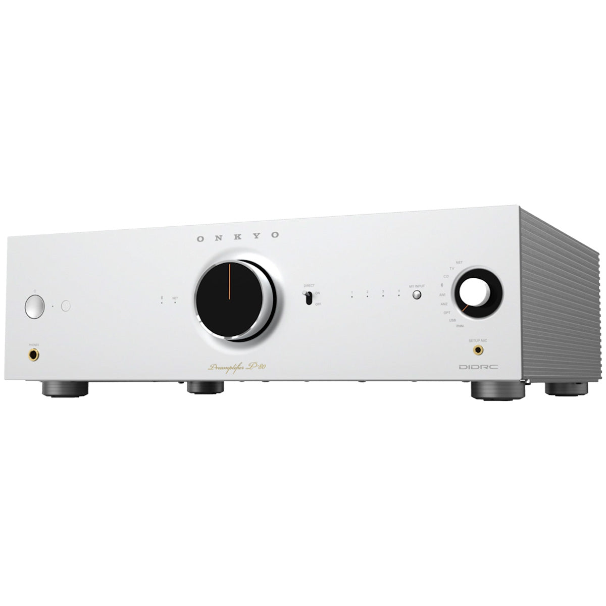 Onkyo Icon P-80 2-Channel HiFi Network Preamplifier silver angled front view