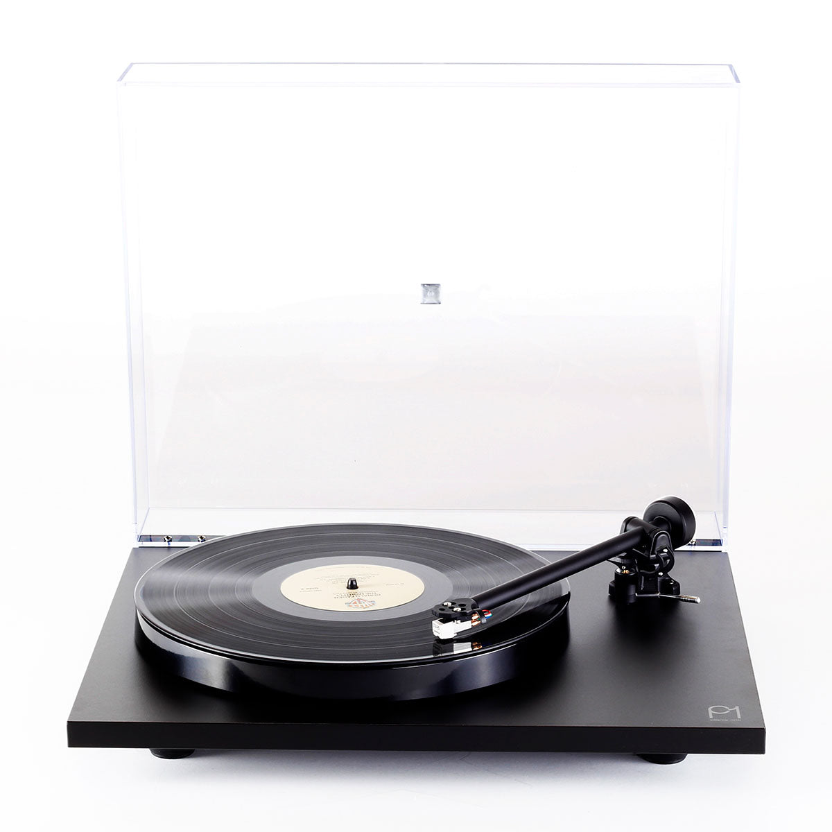 Rega Planar 1 Turntable - black - front view view with open dust cover, record on platter and tone arm engaged