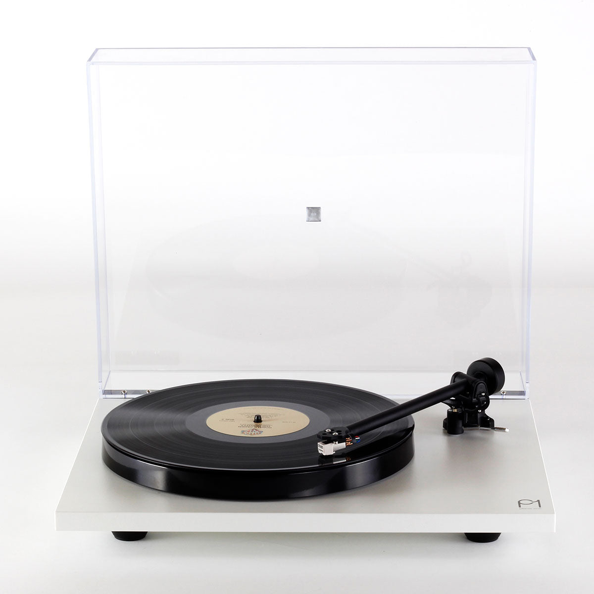 Rega Planar 1 Turntable - white - front view view with open dust cover, record on platter and tone arm engaged