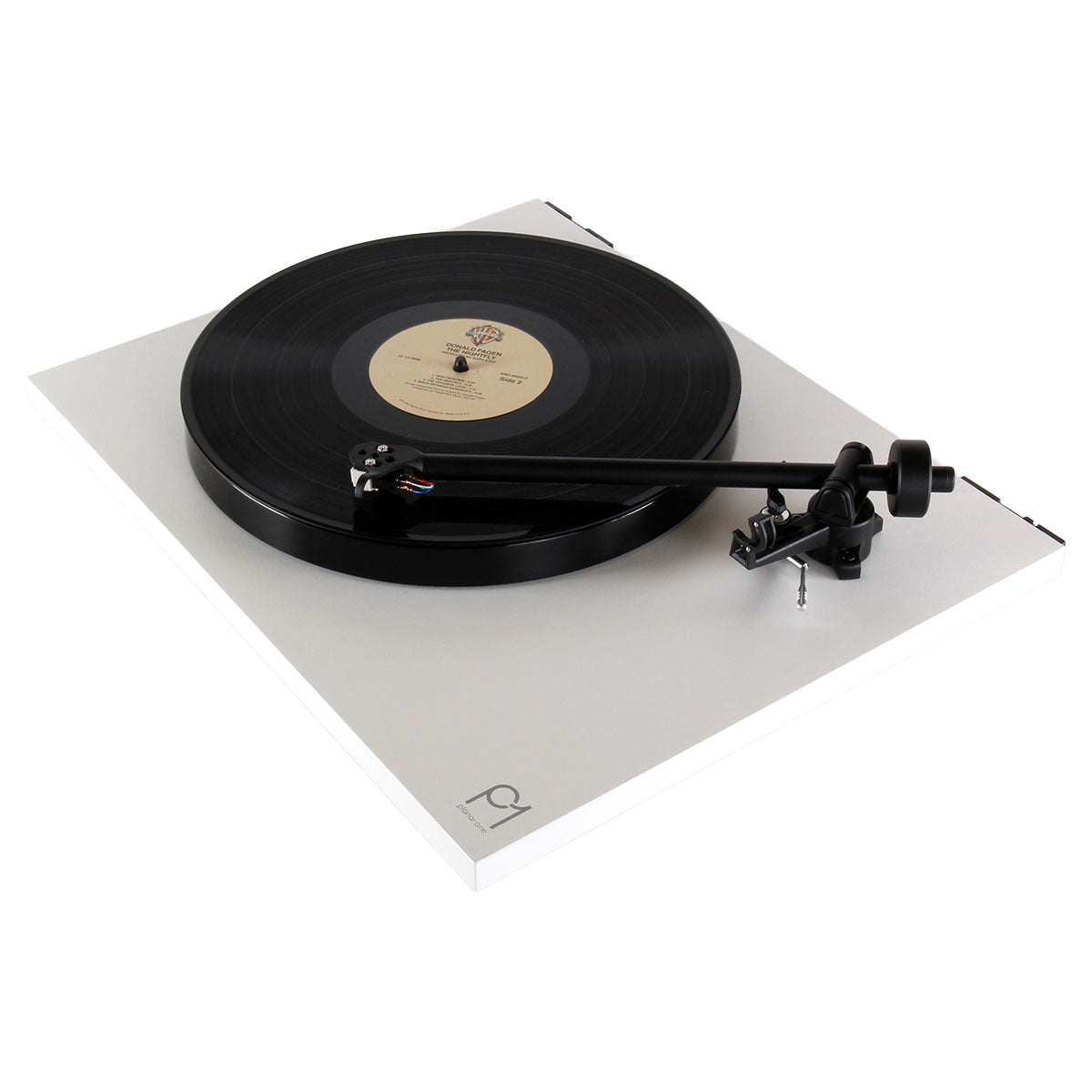 Rega Planar 1 Turntable - white - front view angled left with no dust cover, record on platter and tone arm engaged