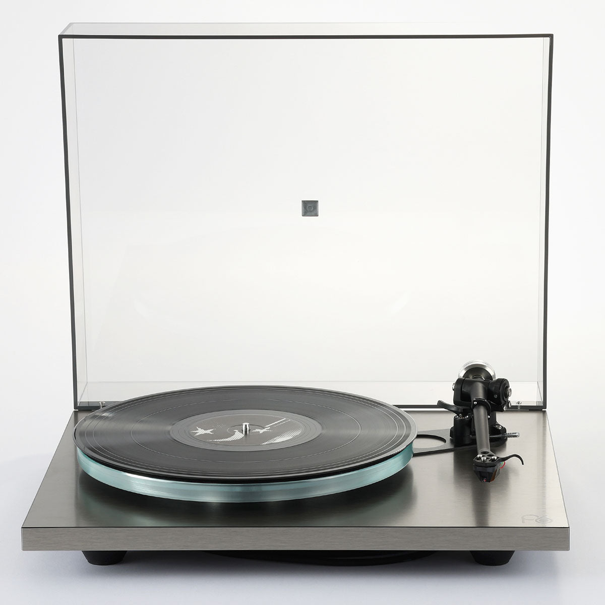 Rega Planar 6 RS Special Edition Turntable - high-angle front view with open dustcover and record on platter with tone arm not engaged