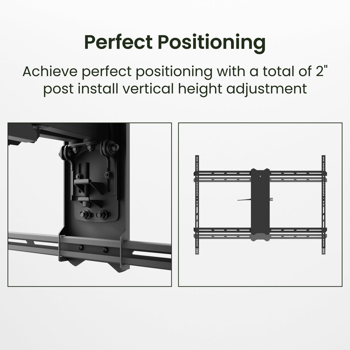 TV mount with text about vertical height adjustment on a white background