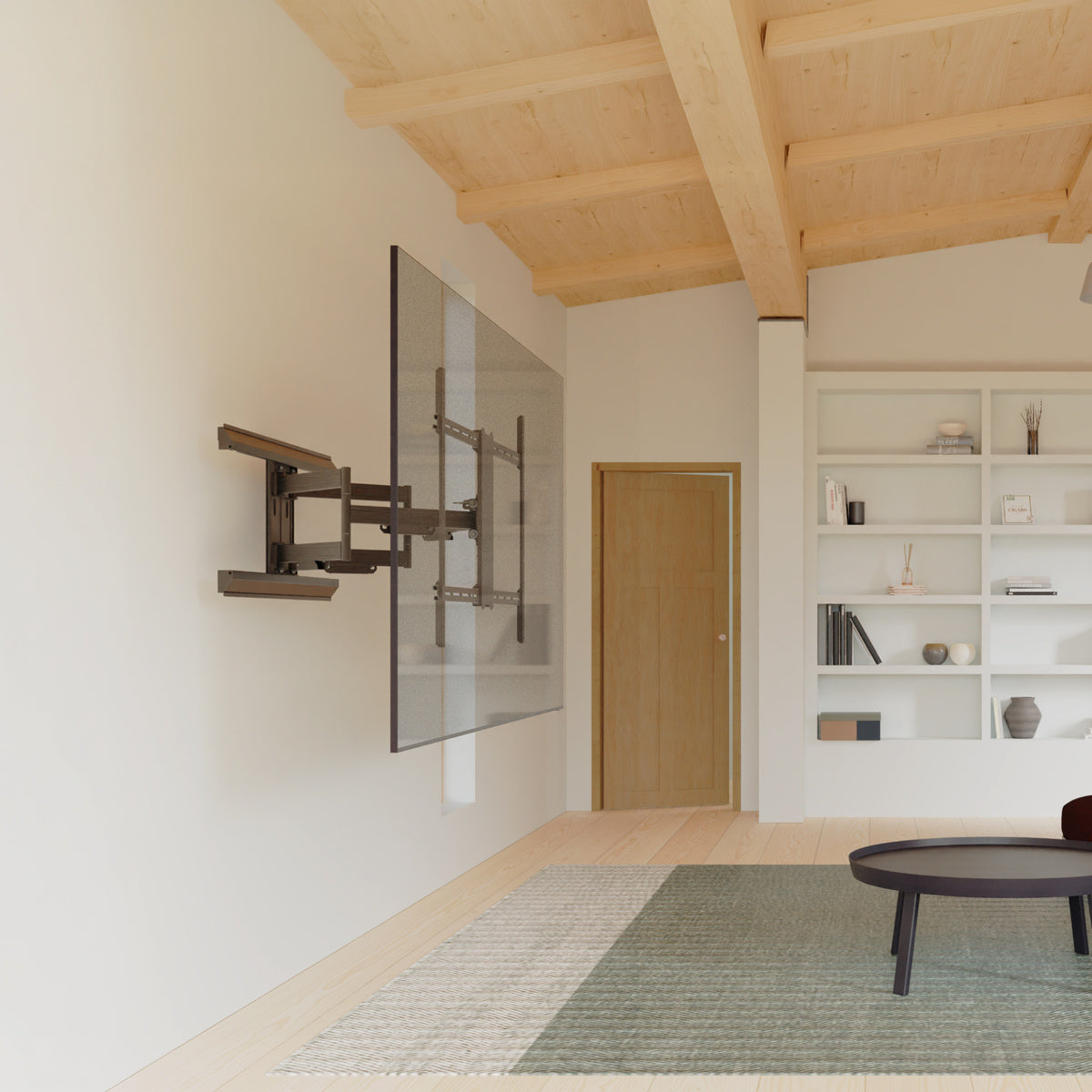 Modern living room with a wall-mounted TV, wooden ceiling, and a bookshelf.