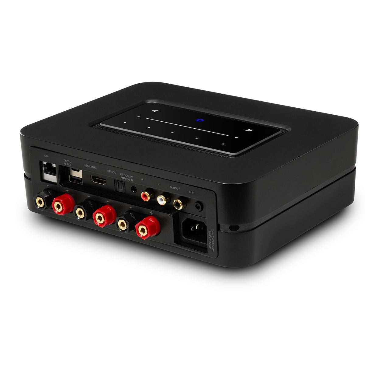 Bluesound POWERNODE N331 Multi-Room Streaming Amplifier - black - rear view angled left with active UI