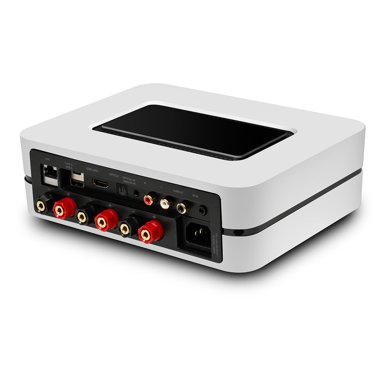 Bluesound POWERNODE N331 Multi-Room Streaming Amplifier - white - rear view angled left without active UI