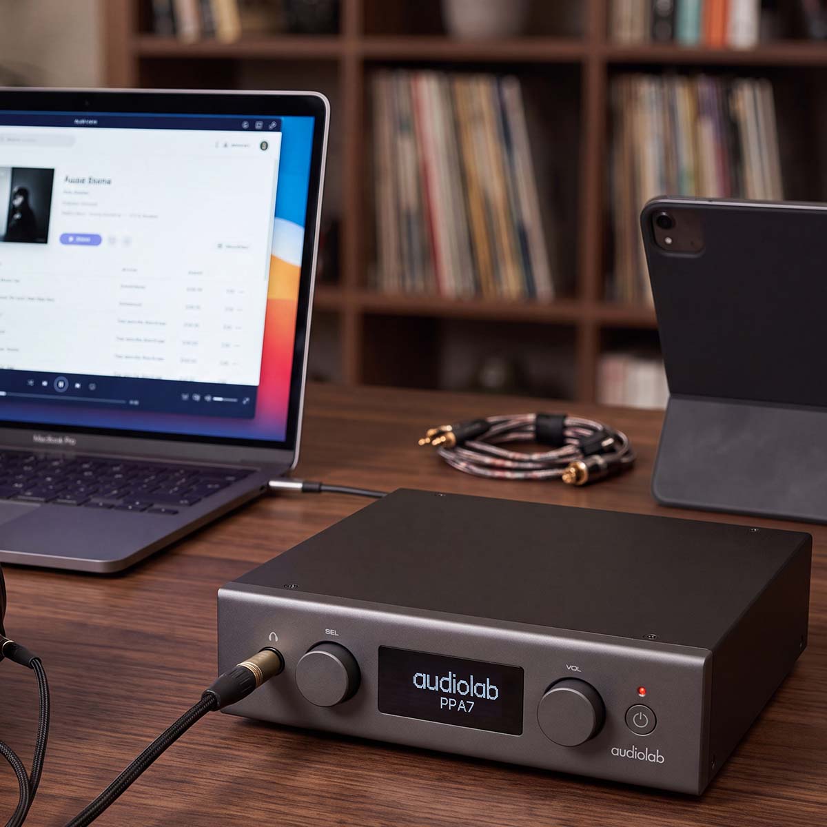 Audiolab PPA7 Phono Preamplifier - Black - lifestyle photo of unit on desk to right of laptop