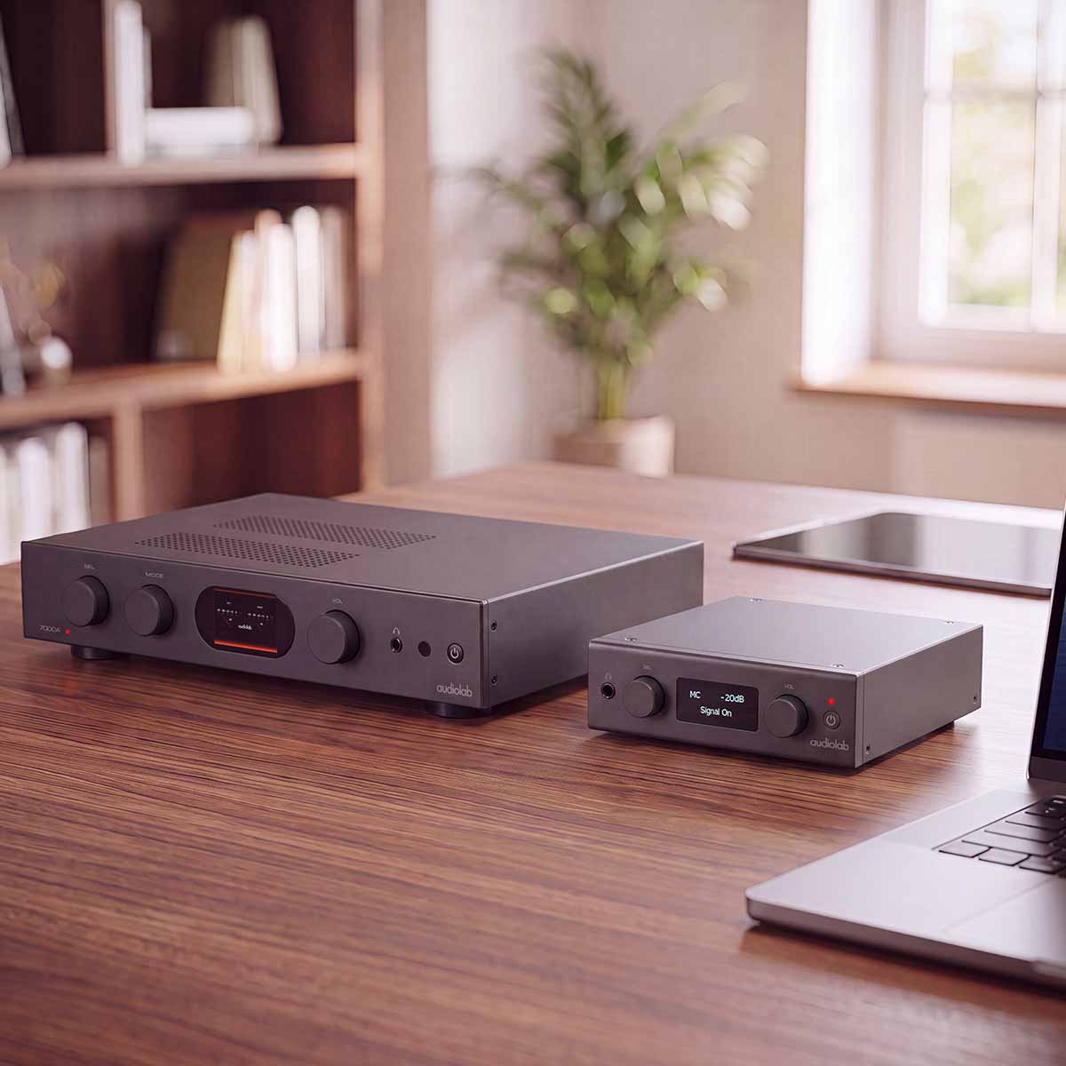 Audiolab PPA7 Phono Preamplifier - Black - lifestyle photo of unit on cabinet to right of amplifier