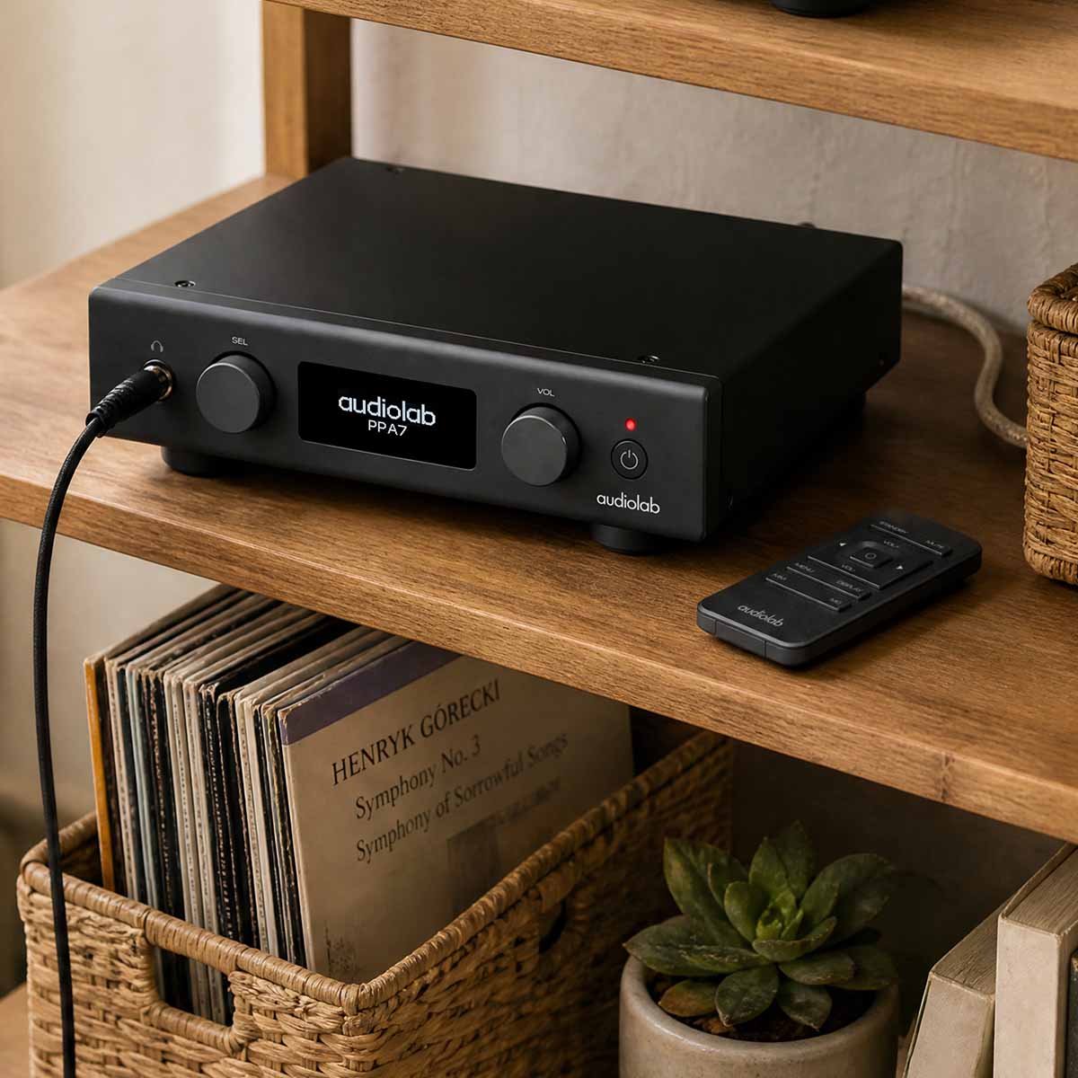 Audiolab PPA7 Phono Preamplifier - Black - lifestyle photo of unit on wood shelves