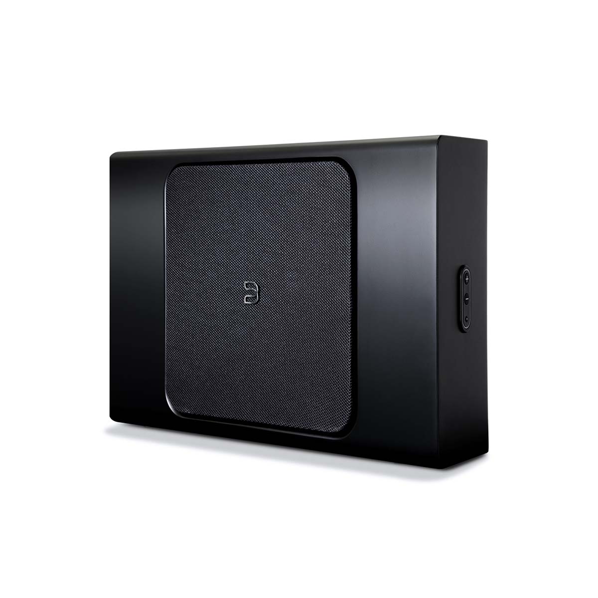 Bluesound Pulse Sub+ BluOS Wireless Powered Subwoofer - Black - horizontal front view with grille angled left