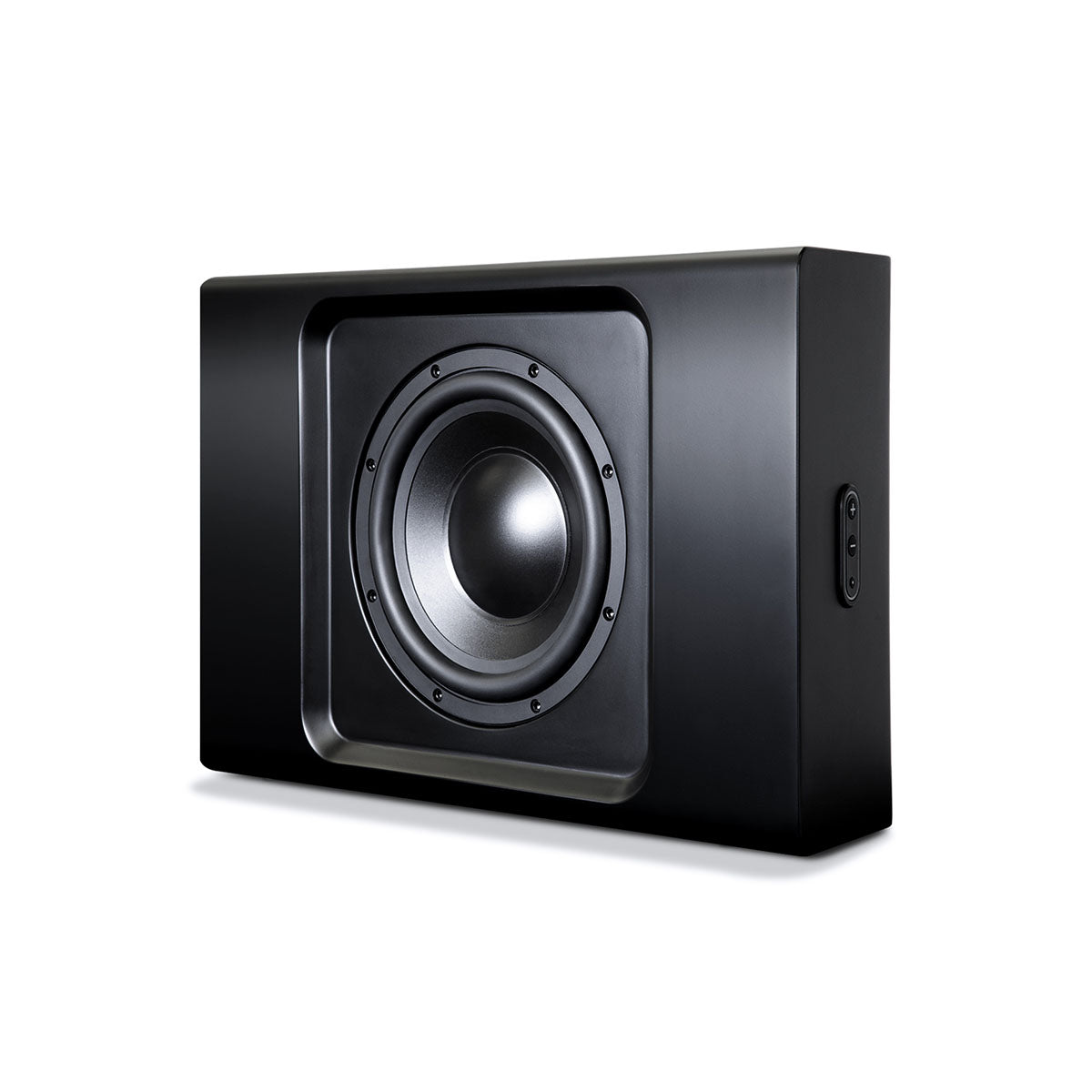 Bluesound Pulse Sub+ BluOS Wireless Powered Subwoofer - Black - horizontal front view without grille angled left