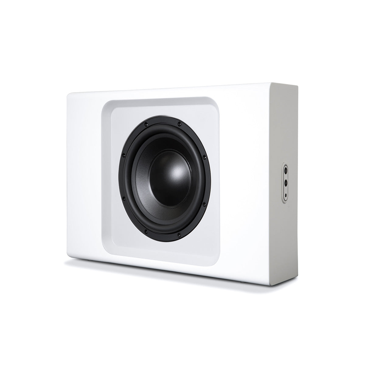 Bluesound Pulse Sub+ BluOS Wireless Powered Subwoofer - White - horizontal front view without grille angled left