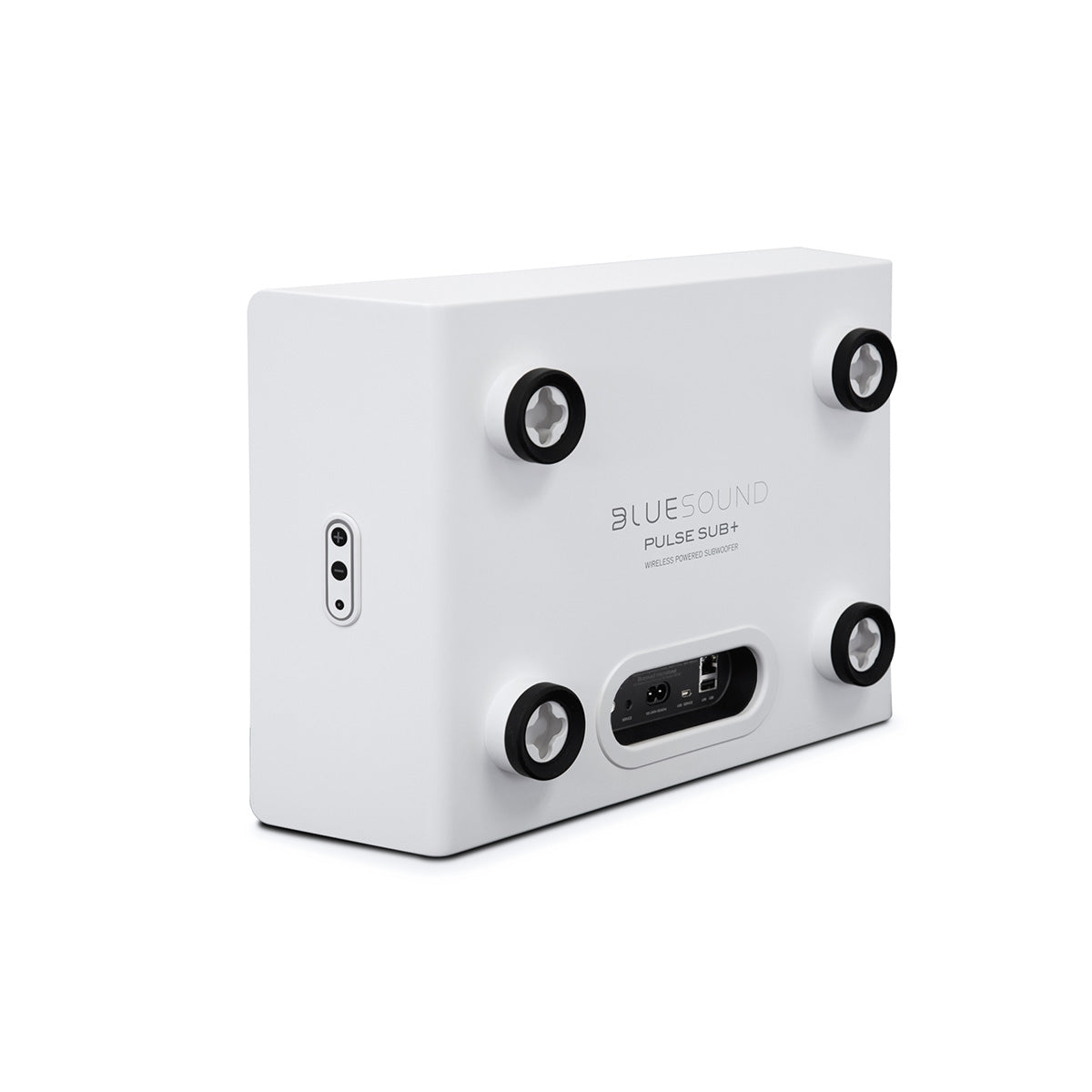 Bluesound Pulse Sub+ BluOS Wireless Powered Subwoofer - White - horizontal rear view angled right