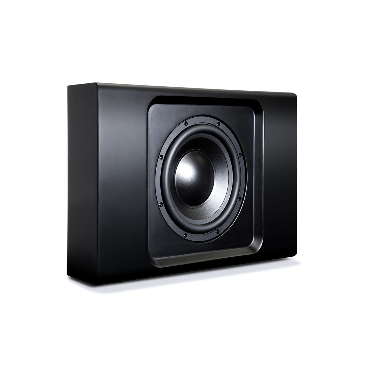 Bluesound Pulse Sub+ BluOS Wireless Powered Subwoofer - Black - horizontal front view without grille angled right