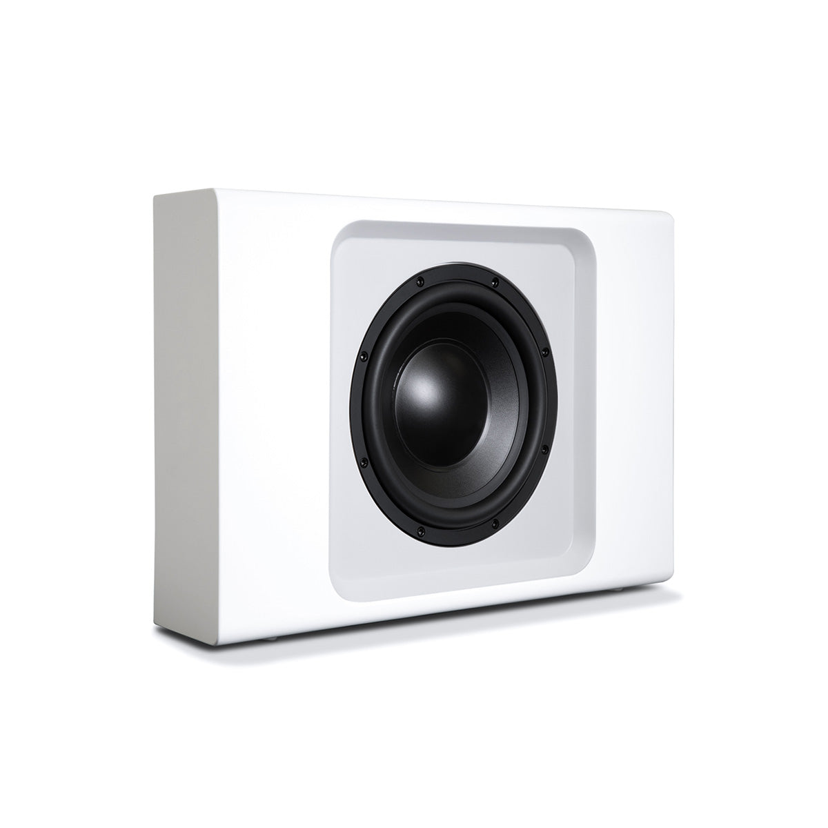 Bluesound Pulse Sub+ BluOS Wireless Powered Subwoofer - White - horizontal front view without grille angled right
