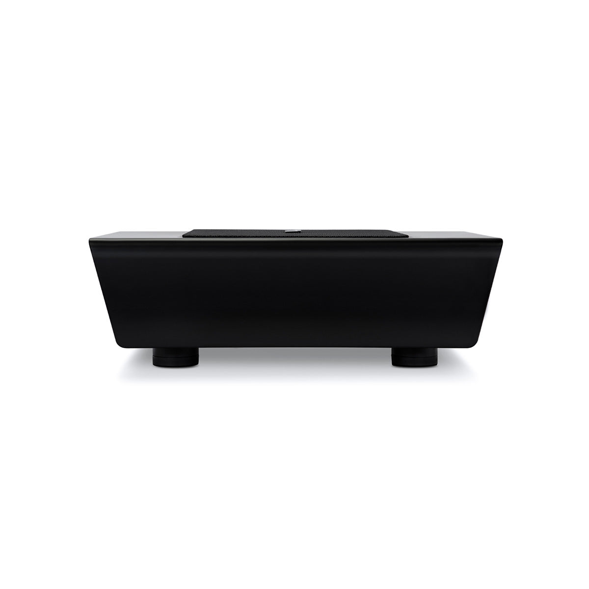 Bluesound Pulse Sub+ BluOS Wireless Powered Subwoofer - Black - side view with unit flat on feet with grille