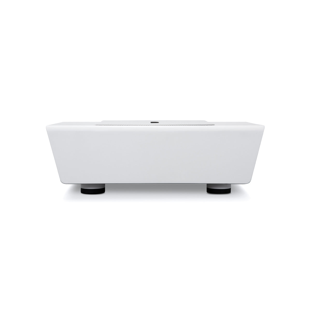 Bluesound Pulse Sub+ BluOS Wireless Powered Subwoofer - White - side view with unit flat on feet with grille