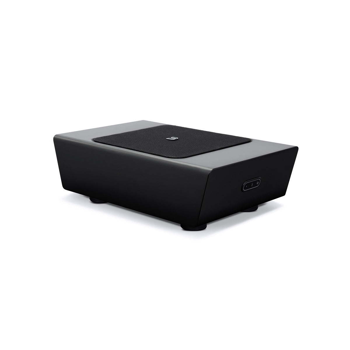 Bluesound Pulse Sub+ BluOS Wireless Powered Subwoofer - Black - top and front view with unit flat on feet with grille angled left