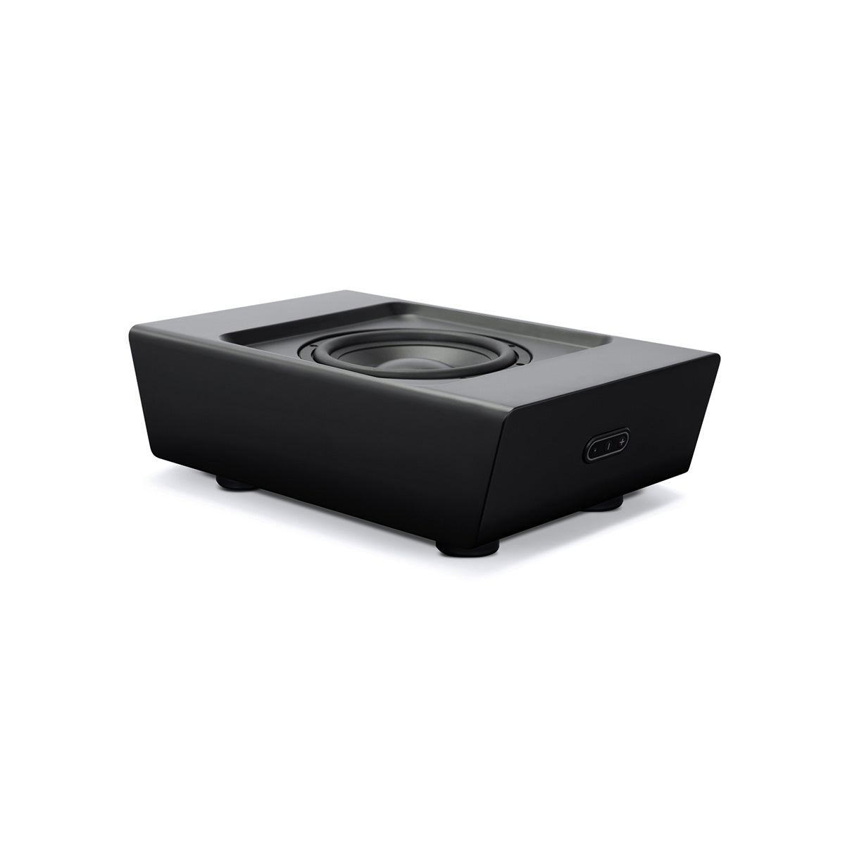 Bluesound Pulse Sub+ BluOS Wireless Powered Subwoofer - Black - top and front view with unit flat on feet without grille angled left